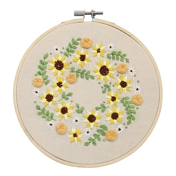 Embroidery Kit, DIY Cross Stitch Kit, with Embroidery Hoops, Needle & Cloth with Sunflower Pattern, Colored Thread, Instruction, Sunflower Pattern, 21.4x21x0.03cm, 1color/line, 7color