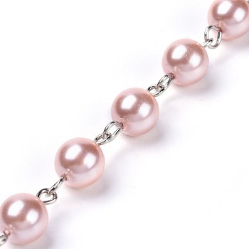 Handmade Dyed Glass Pearl Beaded Chains, Unwelded, with Iron Eye Pin, Platinum, Pink, 39.37 inch, 1m/strand