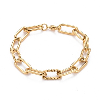 304 Stainless Steel Paperclip Chain Bracelets, with Lobster Claw Clasps, Textured, Golden, 7-5/8 inch(19.5cm)