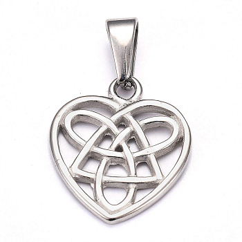 304 Stainless Steel Pendants, Heart with Trinity Knot, Stainless Steel Color, 25x21.5x2mm, Hole: 9.5x4.5mm
