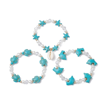3Pcs Synthetic Turquoise & Natural Cowrie Shell Charm Bracelet Sets, Glass Bead Bracelets for Women, Dolphin & Turtle & Starfish, Turquoise, Inner Diameter: 2-1/8 inch(5.3cm)