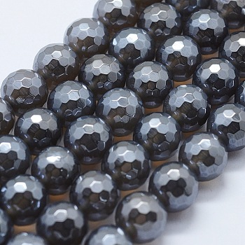 Electroplated Natural Agate Beads Strands, Dyed & Heated, Round, Faceted, Gray, 8mm, Hole: 1.5mm, about 47pcs/strand, 14.9 inch(38cm)