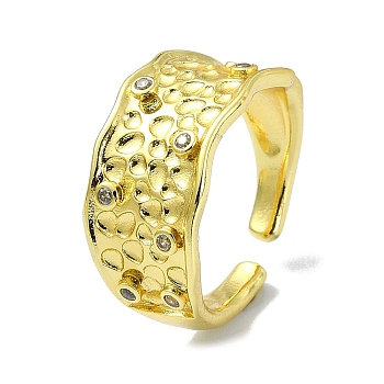 Textured Brass with Cubic Zirconia Open Cuff Ring, Real 18K Gold Plated, Inner Diameter: 18mm