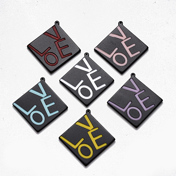 Spray Painted Cellulose Acetate(Resin) Pendants, Rhombus with Word Love, Mixed Color, 43x41x2.5mm, Hole: 1.4mm, Diagonal Length: 43mm, Side Length: 29.5mm