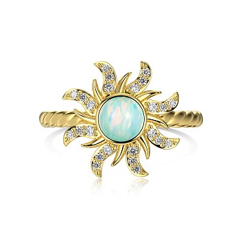 Sun 925 Sterling Silver Wide Band Rings, with Synthetic Opal, Real 18K Gold Plated, Inner Diameter: 17.2mm