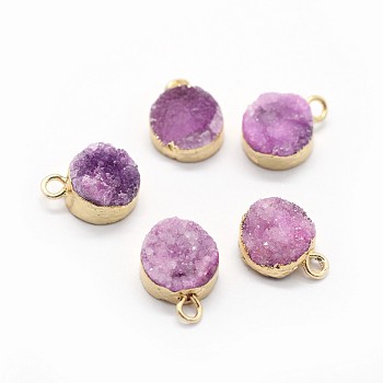 Natural Druzy Quartz Charms, with Brass Findings, Flat Round, Golden, Plum, 10~11x7~8x3~9mm, Hole: 2mm