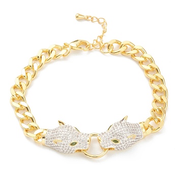 Brass Micro Pave Clear Cubic Zirconia Link Bracelets, with Curb Chain, Door Knocker, Leopard Head, Real 18K Gold Plated, 7-1/8 inch(18cm)