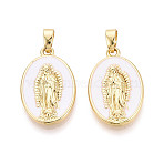 Brass & Enamel Pendants, Oval with Virgin Mary Charms, Real 18K Gold Plated, White, 21.5x13.5x2.5mm, Hole: 4.5x2.5mm(KK-T073-59A-G)