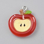 Opaque Resin Pendants, Imitation Fruit, with Platinum Zinc Alloy Loops & Plastic, Apple, Red, 24~25x21.5~22x6mm, Hole: 1.8mm(RESI-CJC0029-001B-02)