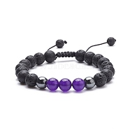 Natural Malaysia Jade(Dyed) & Lava Rock & Synthetic Hematite Braided Bead Bracelet, Essential Oil Gemstone Jewelry for Women, Plum, Inner Diameter: 2-1/8~3-1/4 inch(5.4~8.3cm)(BJEW-JB08144-07)