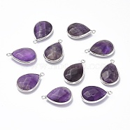 Natural Amethyst Pendants, with Platinum Plated Brass Edge & Loops, Teardrop, Faceted, 21x13.5x6mm, Hole: 2mm(G-R469-03B)