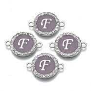 Alloy Enamel Links Connectors, with Crystal Rhinestones, Flat Round with Letter, Silver Color Plated, Letter.F, 22x16x2mm, Hole: 1.8mm(ENAM-TAC0003-01S-01F)