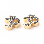 Rack Plating Brass Cubic Zirconia Beads, Cadmium Free & Lead Free, Real 18K Gold Plated, Ohm/Yoga Symbol, Steel Blue, 11x10x4mm, Hole: 1.5mm(KK-B051-04G-05)