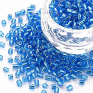 8/0 Glass Bugle Beads, Silver Lined, Dodger Blue, 2.5~3x2.5mm, Hole: 1mm, about 15000pcs/pound(SEED-S032-07A-23B)