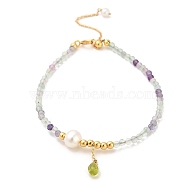 Natural Peridot Bead and Natural Fluorite Bead Bracelets, with Sterling Silver Beads and Pearl Beads, Real 18K Gold Plated, 15.2cm(BJEW-E098-06G)