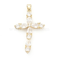 Brass Micro Pave Clear Cubic Zirconia Pendants, Long-Lasting Plated, Cross, Real 18K Gold Plated, 36x23.5x5mm, Hole: 4x3.5mm(ZIRC-M117-37G)