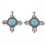 Tibetan Style Alloy Pendants, with Synthetic Turquoise, Cadmium Free & Lead Free, Cross, Antique Silver, 36.8x34x7mm, Hole: 2.3mm(PALLOY-S120-294AS-RS)