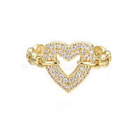 Cubic Zirconia Heart Open Cuff Ring, Real 18K Gold Plated Brass Chunky Ring for Women, Nickel Free, Clear, US Size 7 1/4(17.5mm)(RJEW-N035-110)