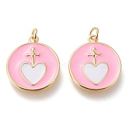 Brass Pendants, with Enamel and Jump Rings, Long-Lasting Plated, Flat Round with Heart, Golden, White, 20.5x18x2mm, Hole: 3mm(ZIRC-I044-01A)