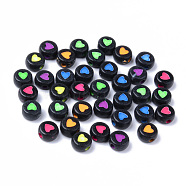 Opaque Black Acrylic Beads, Flat Round with Mixed Color Heart, 7x3.5mm, Hole: 1.8mm(X-MACR-S273-40)