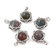Natural Indian Agate Round Pendants, Stainless Steel Star of David Charms, Stainless Steel Color, 20x15.5x10.5mm, Hole: 3x5mm(G-M440-04D-P)
