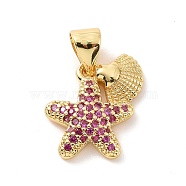 Brass Micro Pave Cubic Zirconia Charms, Starfish with Shell Shape Charm, Real 18K Gold Plated, Camellia, 13.5x13x2.5mm, Hole: 3x4mm(KK-G444-02G-02)
