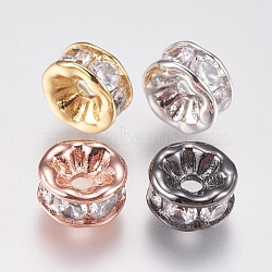 Brass Micro Pave Cubic Zirconia Spacer Beads, Flat Round, Clear, Mixed Color, 8x4mm, Hole: 1.5mm(ZIRC-E147-01B)