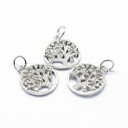 Brass Micro Pave Cubic Zirconia Charms, Flat Round with Tree of Life, Platinum, 15x12.5x2mm, Hole: 3mm(ZIRC-L070-06P)