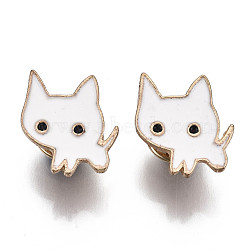 Alloy Brooches, Enamel Pin, with Brass Butterfly Clutches, Cat Shape, Light Gold, White, 20x17x2mm, Pin: 1mm(JEWB-S011-048)