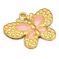 Stainless Steel Pendants, with Enamel, Golden, Butterfly Charm, Pink, 24x20mm, Hole: 2.1mm(PW-WG14846-05)