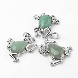 Frog Natural Green Aventurine Pendants, with Brass Findings, Platinum, 30x29x7mm, Hole: 7x5mm(G-L455-B02)