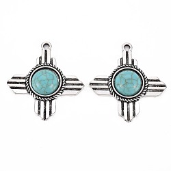 Tibetan Style Alloy Pendants, with Synthetic Turquoise, Cadmium Free & Lead Free, Cross, Antique Silver, 36.8x34x7mm, Hole: 2.3mm(PALLOY-S120-294AS-RS)