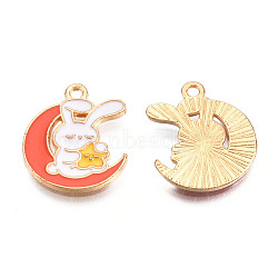 Alloy Enamel Pendants, Cadmium Free & Nickel Free & Lead Free, Light Gold, Moon with Rabbit, Orange Red, 18x15x1.5mm, Hole: 1.4mm(ENAM-N054-90D)