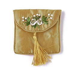 Embroidery Cloth Pouches, with Tassels and Stainless Steel Snap Button, Square, Dark Goldenrod, 10.5x10cm(ABAG-O002B-04)