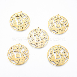 201 Stainless Steel Pendants, Hollow, Ring with Bird, Real 18K Gold Plated, 37x35x1mm, Hole: 1.4mm(STAS-N090-LA932-2)