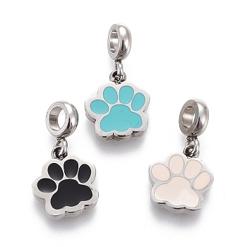 304 Stainless Steel Enamel Charms, Paw Print, Stainless Steel Color, Mixed Color, 14.4mm, Charm: 8.2x7.2x1.8mm, Hole: 2.5mm