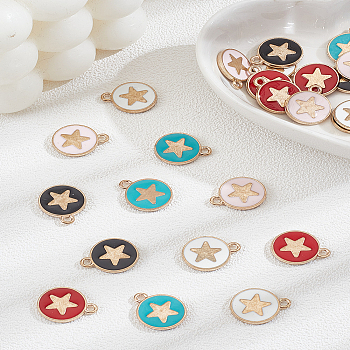 30Pcs 5 Colors Alloy Enamel Pendants, Light Gold, Flat Round with Heart Charm, Mixed Color, 16x13x2mm, Hole: 1.6mm, 6pcs/color