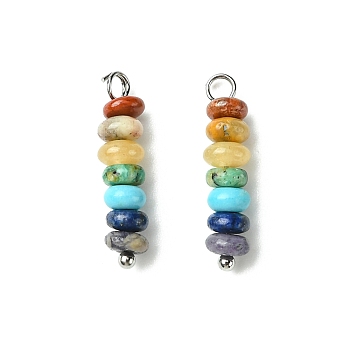 7 Chakra Gemstone Beaded Pendants, Rondelle Charms with Brass Findings, Mixed Dyed and Undyed, Platinum, 20x5mm, Hole: 1.8mm