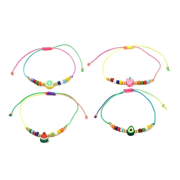 Adjustable Cord Bracelet for Teen Girl Women, Handmade Polymer Clay & Glass Seed Beads Bracelet, Mixed Color, Inner Diameter: 5/8 inch(1.6cm)
