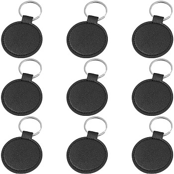 CutHollow 10Pcs PU Leather Keychain, with Metal Key Ring, Flat Round, Black, 84x50mm