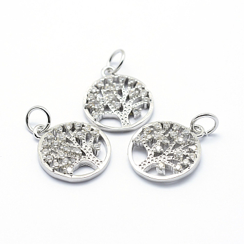 Brass Micro Pave Cubic Zirconia Charms, Flat Round with Tree of Life, Platinum, 15x12.5x2mm, Hole: 3mm