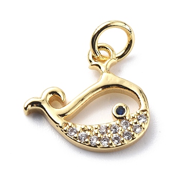 Brass Micro Pave Cubic Zirconia Charms, with Jump Rings, Dolphin Charms, Real 18K Gold Plated, 11.5x13.5x1.8mm, Hole: 3.2mm