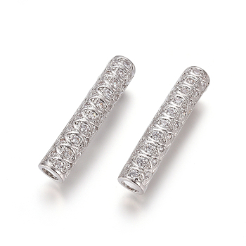 Brass Micro Pave Clear Cubic Zirconia Beads, Long-Lasting Plated, Tube Beads, Platinum, 30x6mm, Hole: 3.5mm