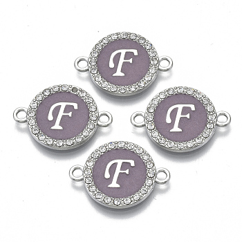 Alloy Enamel Links Connectors, with Crystal Rhinestones, Flat Round with Letter, Silver Color Plated, Letter.F, 22x16x2mm, Hole: 1.8mm