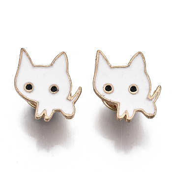Alloy Brooches, Enamel Pin, with Brass Butterfly Clutches, Cat Shape, Light Gold, White, 20x17x2mm, Pin: 1mm