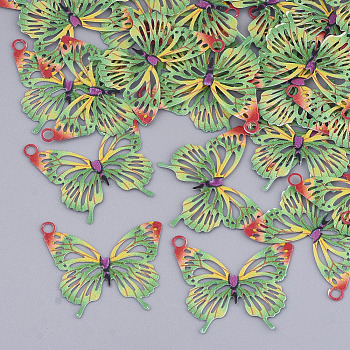 Printed Brass Pendants, Etched Metal Embellishments, Butterfly, Lime Green, 16.5x19x0.3mm, Hole: 1.5mm
