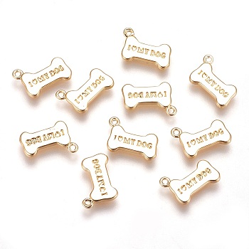 Brass Charms, Bone with Word I Love My Dog, Nickel Free, Real 18K Gold Plated, 12x8.5x1.5mm, Hole: 0.5mm