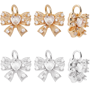 12Pcs 2 Colors Brass with Glass Rhinestone Charms, with Jump Rings, Heart Bowknot, Real Gold Plated & Real Platinum Plated, 10x12x4mm, Hole: 3.5mm, 6Pcs/color