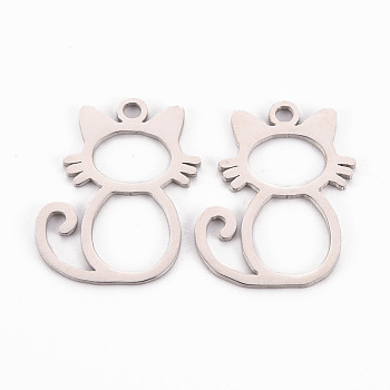 304 Stainless Steel Open Back Bezel Pendants, Laser Cut, For DIY UV Resin, Epoxy Resin, Pressed Flower Jewelry, Cat Shape, Stainless Steel Color, 26.5x20.5x1mm, Hole: 2mm