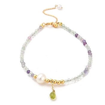 Natural Peridot Bead and Natural Fluorite Bead Bracelets, with Sterling Silver Beads and Pearl Beads, Real 18K Gold Plated, 15.2cm